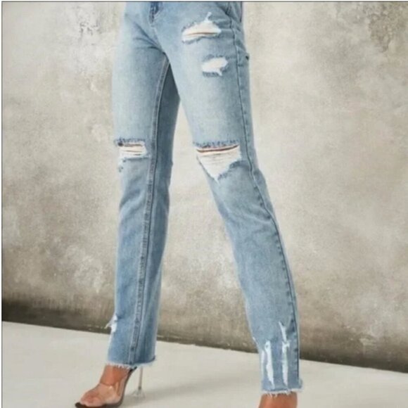 Missguided Ladder Hem Baggy Distressed Recycled Jeans, 6 - Picture 2 of 14